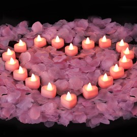 Amagic 4000 Pieces Pink Artificial Rose Petals with 50 Pink Heart LED Tea Lights, Rose Petals and Candles Set for Proposal, Anniversary, Valentine's Day, Romantic Night, Wedding Decor
