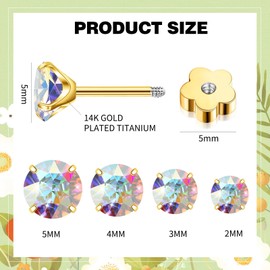 CZ Flat Back Stud Earrings, WGXIA Flower Screw Back Stud Earrings for Women Cubic Zirconia Hypoallergenic Studs Cartilage Earring Men Jewelry Gifts for Girls Birthday Anniversary (2MM, Gold)