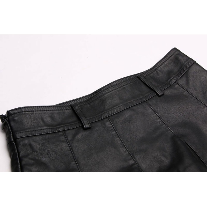 chouyatou Women's Casual Side Zipper Flare Pleated Faux Leather Skater