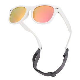COASION Bendable Flexible Polarized Baby Sunglasses with Strap for Newborn Infant Boys Girls Age 0-24 Months CA9018 (White/Orange Mirror)
