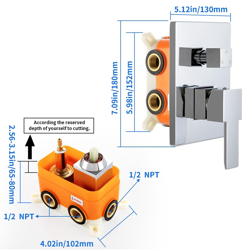 SKOWLL Shower Valve Kit Polished Chrome 3-Way Shower Mixing Valve