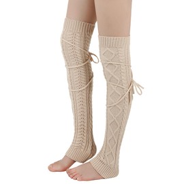 YAMEE Women's Warm, Knee Socks with Rope Fashionable, Leg Warmers Knitted for Women Winter, Cuddly Socks for Women, Boot Stockings Women with Cable Pattern, Calf Cuffs, Windproof, Boot Socks, beige
