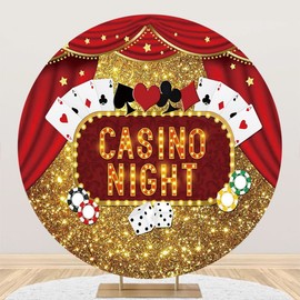 Laeacco 7.5x7.5ft Casino Night Round Backdrop Las Vegas Chips Poker Dice Circle Backdrop Red Curtain Gold Shining Photography Background for Casino Birthday Dress-Up Prom Party Portrait Booth Props