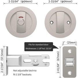 SANGRENSHEN Sliding Door Lock Pocket Door Indicator Lock Flush Handles Latch Privacy Bed/Bath Latch for 3cm to 5cm Thickness Door Silver
