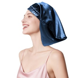 townssilk Silk Bonnet for Sleeping, 100% 22 Momme Mulberry Silk for Women, Luxurious, Breathable, Fits Secure Overnight & Pressure Free, Ideal for Short & Medium Length Hair - NavyBlue 32cm