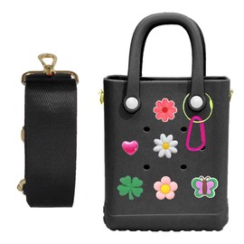 Mini Rubber Beach Bag with Strap, Bitty EVA Tote Bag with 6 Charms, Small Charms Crossbody Tote for the Beach Boat Pool Sports, Washable Open Tote Bag(Black)