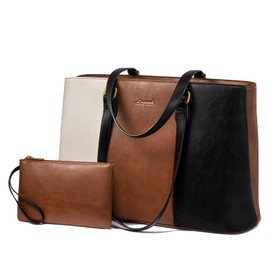 LOVEVOOK Laptop Bag for Women, 15.6 Inch Waterproof Vintage PU Leather Large Tote Bag with Wristlet, Professional Work Tote for Teacher,Office, Daily