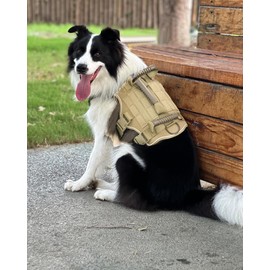 kukurabi No Pull Tactical Dog Harness for Large Dogs, Adjustable Reflective Military Pet Harness, Mesh Breathable Service Dog Vest with Easy Control Handle, Khaki, L