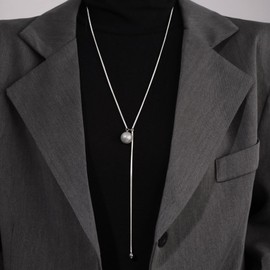 Yheakne Vintage Long Pearl Y Drop Necklace Silver Pearl Pendant Necklace Round Snake Chain Necklace Minimalist Long Ball Lariat Necklace Jewelry for Women