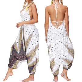 Nuofengkudu Women's Harem Jumpsuit Sleeveless Halter Deep V Neck Boho Playsuits Colorful Print Loose Fit Romper Overalls Summer Holiday Yoga Pants S-White Peacock One Size
