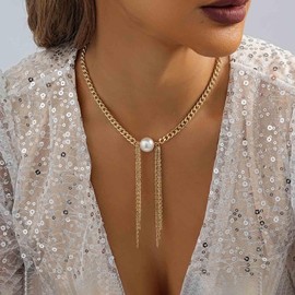 TseenYi Boho Pearl Pendant Necklace, Long Chain, Tassel Pendant Necklace, Golden Chunky Chain, Vintage Pearl Necklace, Thick Chain Link Necklace, Metal Chain, Fringe Necklace, Zinc, No Gemstone