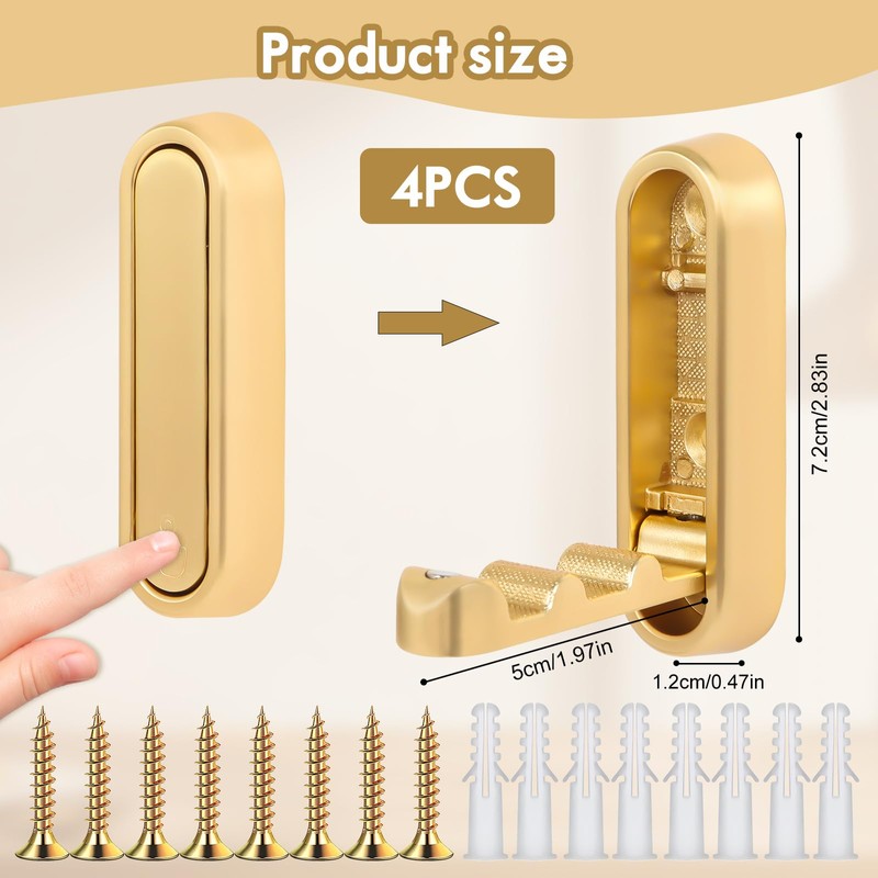 4pcs Foldable Wall Hook for Hanging,Heavy Duty Coat Hooks of