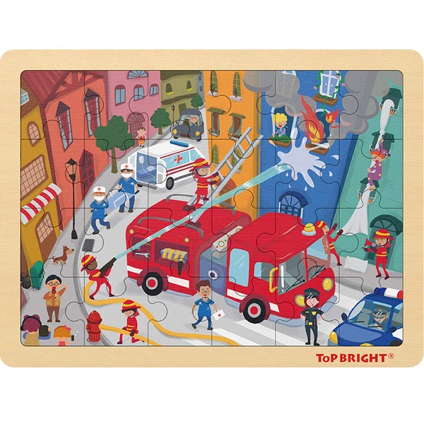 TOP BRIGHT 24 Piece Wooden Jigsaws Puzzles for Kids Ages 2 3 4, Fire Rescue Toddler Puzzle for 2 3 4 Year Old Children with Storage Tray