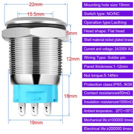 Gebildet 19 mm Flat Head SPDT On/Off Locking Push Button Waterproof, Stainless Steel Metal Push Button, Solder Pin Connections DC 6V/12V/36V/48V, AC 110V/230V, 2A, 1NO + 1NC