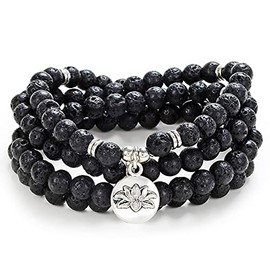 108 Bead Mala Bracelet with Lotus Charm and 6mm Small Stone Beads (Black Lava)