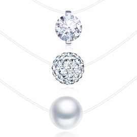 MICMIF Pack of 3 925 Sterling Silver Necklace Women's Choker Solitaire Pearl Ball Zirconia Pendant with Transparent Nylon Chain for Girls, Sterling Silver Nylon Sterling silver Nylon Pearl, crystal