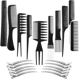 Boao 20 Pcs Hair Styling Comb Set with 10 Metal Duck Bill Clips, Rat Tail, Wide Tooth & Teasing Combs, Sectioning Kit for Cutting, Coloring, Blow Drying, Salon Barber Home Use, Black