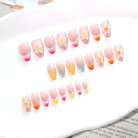 Flower Press on Nails Almond Gradient French Tip False Nails Short Artificial Acrylic Nail 3D Colorful Floral Design Glossy Stick on Nails Full Cover Reusable Coffin False Nail for Women 24Pcs