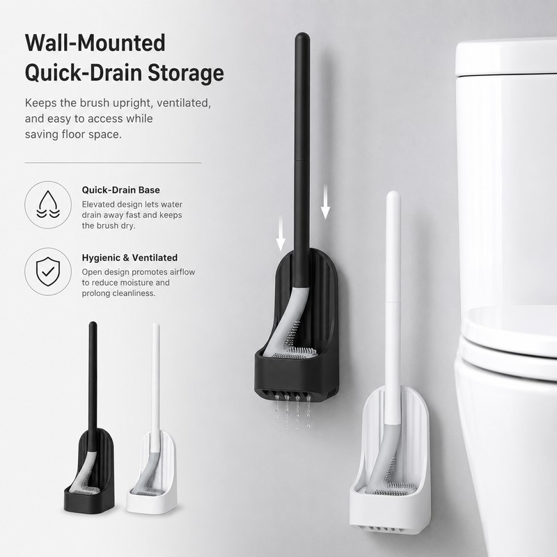 Wall-Mounted Toilet Brush with Base – Soft Rubber Cleaning Head