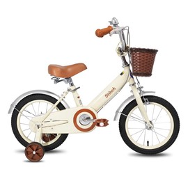 JOYSTAR 14 Inch Girls Bike for Ages 3-5 Years Old Kids Bike with Training Wheels and Basket Retro Princess Children Bicycle Beige