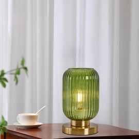NKU Mid Century Table lamp Green Glass Bedside Table Lighting Dimmable Ribbed Modern Globe Table Lamp Small Vintage Nightlight Lamp Nightstand Lamp with Plug-in Style for Bedroom Living Room Office