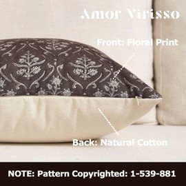 Amor Virisso Floral Pillow Covers 18x18 Vintage Farmhouse Block Print Pillow Covers Couch Pillows for Living Room Decorative Throw Pillow Covers, Dark Brown