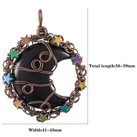 SUNYIK Handmade Wire Wrapped Crescent Moon Necklace for Women Men Healing Moon Star Stone Necklace with Adjustable Rope, Black Obsidian