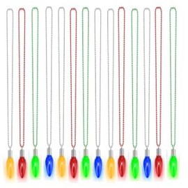JULBEAR 14pcs Christmas LED Light Up Necklace Christmas Bead Necklace Bulb Pendant 6 Modes Candy Cane Xmas Tree Santa Claus Glow Necklaces Girls Boys for Xmas Party Supplies