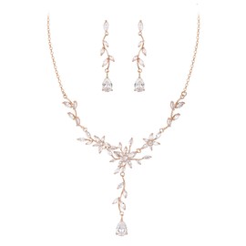 EVER FAITH Wedding Jewelry Sets for Bride Bridesmaid, Marquise Cubic Zirconia Flower Leaf Necklace Dangle Earrings Set Rose Gold-Tone