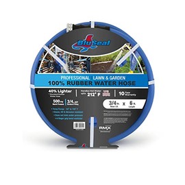 BluSeal Hot/Cold Water Rubber Garden Hose, 100% Rubber, Ultra-Light, Super Strong, 500 PSI, 50F to 190F Degrees, High Strength Polyester Braided (3/4" x 6')