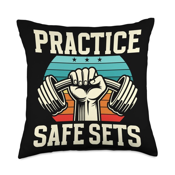 Practice Safe Sets Fitness Workout Training Retro Dumbbell Throw Pillow