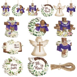 24 Pcs Wooden Easter Ornaments Decoration He is Risen Cross Ornaments 8 Styles Lily Flower Sheep Angel Cutouts Ornament for Religious Christian Home Crafts Hanging Spring Decorations Happy Easter