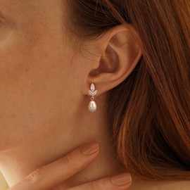 STONEFANS 14K Gold Plated CZ Leaf Pearl Drop Earrings - Dainty Pearl Dangle Earrings for Women Trendy Hypoallergenic Wedding Bridal Earring Gold Prom Jewelry Gifts for Women