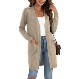 VIISHOW Women's Basic Open Front Knit Long Sleeve Cardigan Sweater Ribbed Pockets Outwear, H kaki, Medium