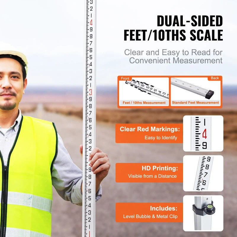 25-Foot Aluminum Grade Rod 6 Sections Telescopic 1/10ft Double-Sided Scale