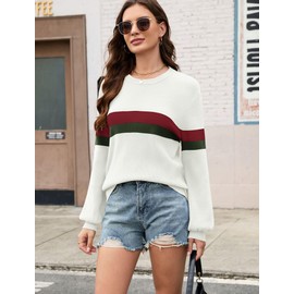 ZAFUL Womens Casual Striped Sweater Color Block Crew Neck Long Sleeve Pullover Ribbed Loose Knit Tops Apricot