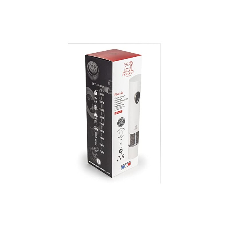 Peugeot PHENIX White Lacquered Stainless Steel Electric Adjustable Pepper Mill,