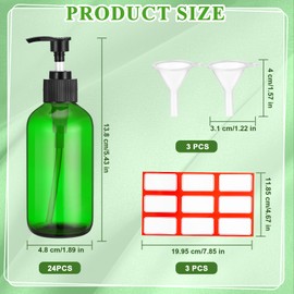 Tanlade 24 Pcs 8 oz Glass Pump Bottle Empty Bottle Glass Soap Dispenser with Pump Refillable Containers and Labels Funnels for Essential Oils Cleaning Products Lotions Conditioner(Green)