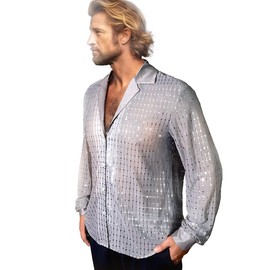 AIBEIX Mens Mesh Sequins See Through 70s Disco Long Sleeve Button Down Shirts(Grey Silver-Long Sleeve,Large)
