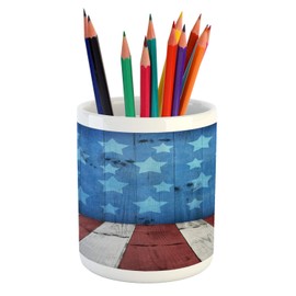 Ambesonne Rustic Pencil Pen Holder, Old Grunge Themed Arrangement with Stars and Stripes Patriotic Concept, Ceramic Pencil Holder for Desk Office Accessory, 3.6" X 3.2", Pale Maroon Pale Grey