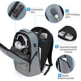 FABIEN CHERON Laptop Backpack for Men,17.3 Inch Professional Backpack for Travel Carry on Flight Approved,Anti Theft Backpack with Lock and USB Charging Port(Grey)