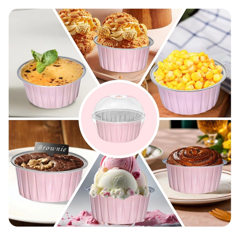 100 Pcs Aluminum Foil Baking Cups with Lids,5 oz Disposable