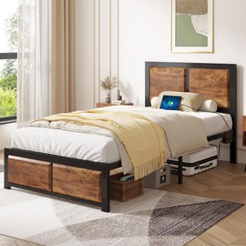 VECELO Twin Bed Frame with USB Charging Station and Wood Headboard, 14 Inch Platform Mattress Foundation, No Box Spring Needed, Heavy Duty Slats Support, Easy Assembly