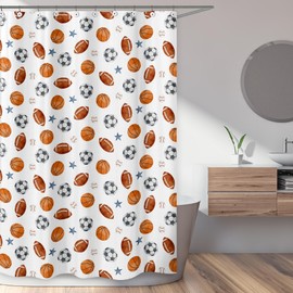 Sweet Jojo Designs Sports Theme Boy Fabric Shower Curtain for Bathroom Decor Bath Baby Kids Teen Childrens 72x72 - Watercolor Vintage Sport Themed Soccer Balls Football Baseball Basketball Blue Stars