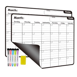 Dry Erase Calendar White Board-Set of 2 Magnetic White&Black Monthly Calendar for Refrigerator Whiteboard with Thickened Magnet Include Five Fine Point Markers
