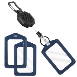 DELSWIN Genuine Leather ID Badge Holder with Retractable Clip, Heavy Duty Retractable Keychain with ID Card Holder, 31.5" Retractable Cord (1 Badge Reel, 2 Holders)