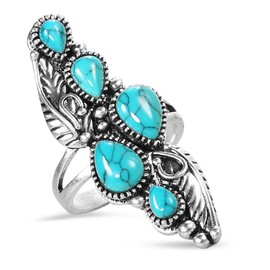 HAIXIAN Antique Long Full Finger Turquoise Stones Ring,Retro Silver Plated Multi Waterdrop Natural Real Gemstone Crystal Wide Cocktail Party Turkey Turkish Chunky Ring Jewelry (Ring_A, 7)
