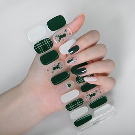 Christmas Semi Cured Gel Nail Strips, Snowflake Winter Gel Nail Stickers Long Lasting Cute Green Glitter Reindeer Santa Hat Holiday Semicured UV Nail Wraps UV Light Required for Women Girls(20Pcs)
