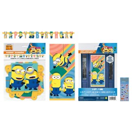 Despicable Me Birthday Party Supplies Bundle includes 1 Happy Birthday Banner 6 feet long, 1 Plastic Door Poster 27" x 60", 1 Dinosaur Sticker Sheet