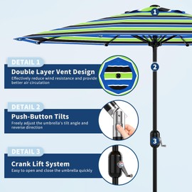 Garvee Patio Umbrella 9 ft, Table Umbrella Outdoor Patio UV Protection with Crank Lift & Push Button Tilt, 8 Sturdy Ribs for Yard, Deck, Pool - Tricolor Stripe